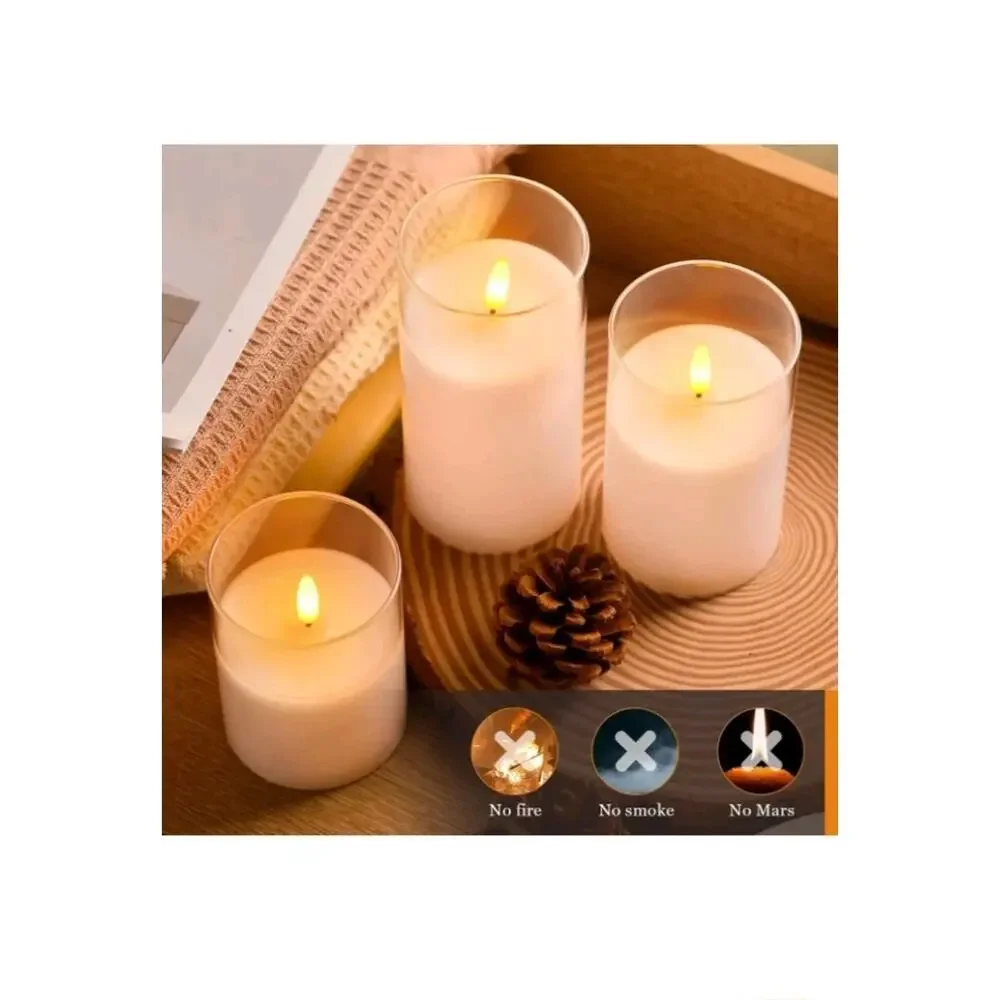 Glass Battery Operated LED Pillar Flameless Candles With10-Key Remote and Timer,